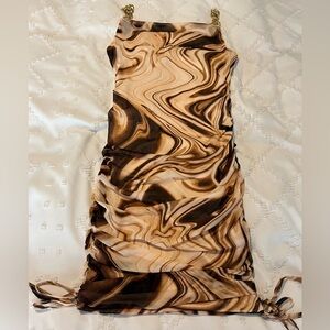 Dress, body hugging. Ruched both sides, Beige and Brown Swirl pattern